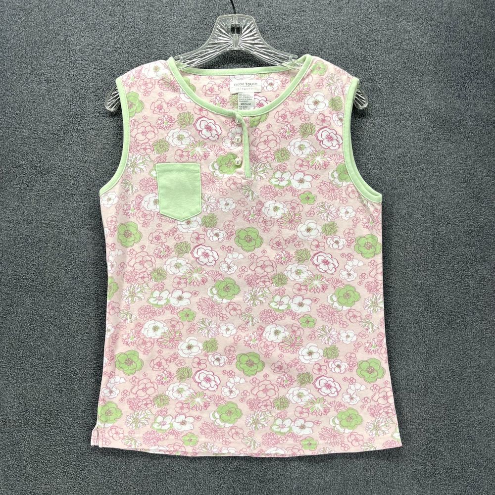 Body Touch Tank Top pajama Womens Medium white pink Floral‎ Soft Henley pearl